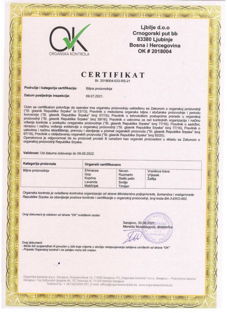 Certifikat o organskoj proizvodnji 2